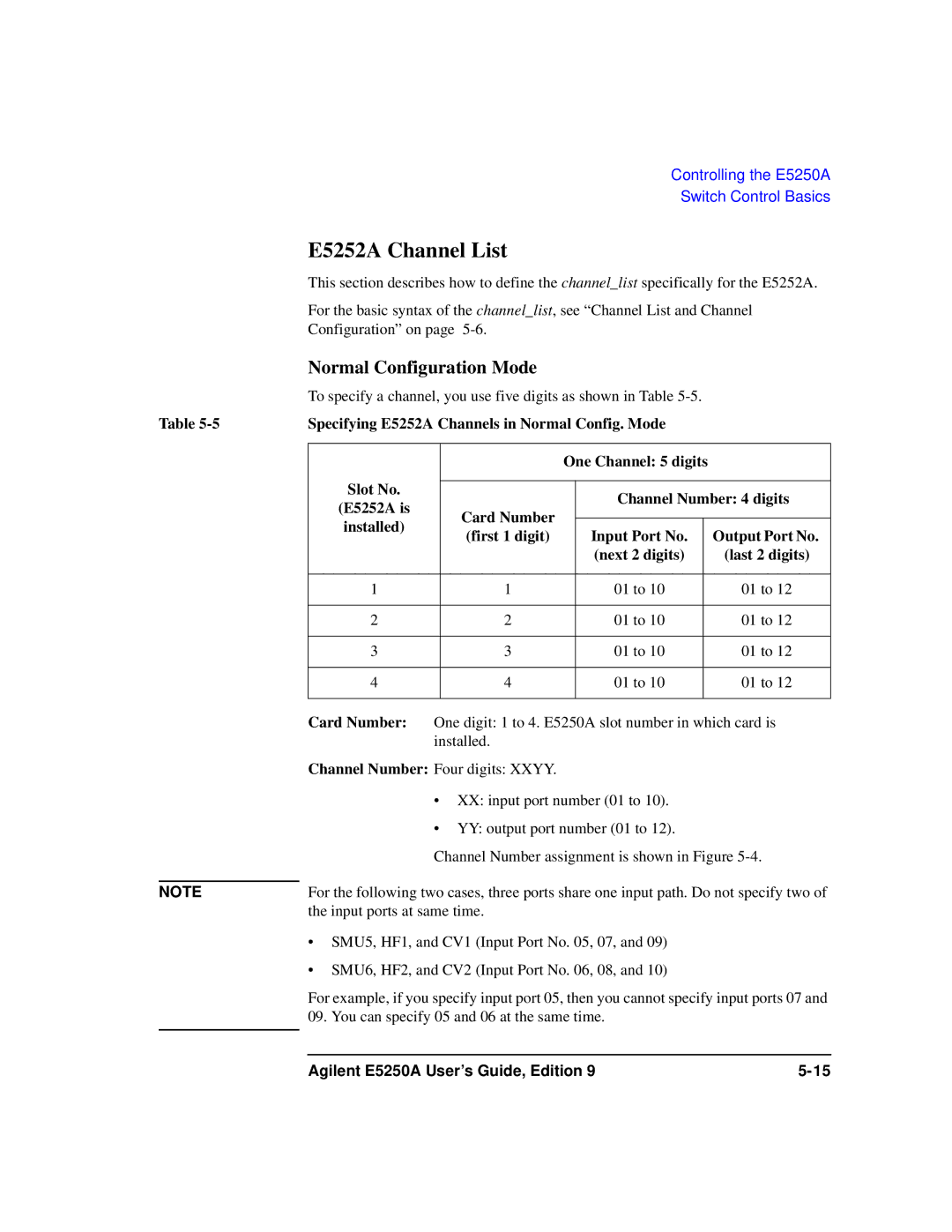 Agilent Technologies Agilent E5250A manual E5252A Channel List, Normal Configuration Mode 