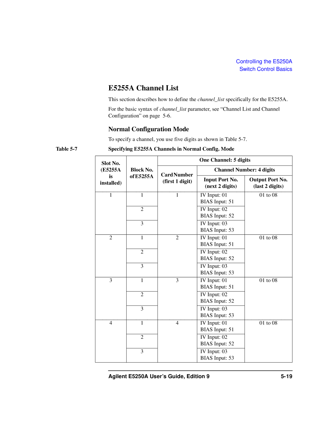 Agilent Technologies Agilent E5250A manual E5255A Channel List, Normal Configuration Mode 