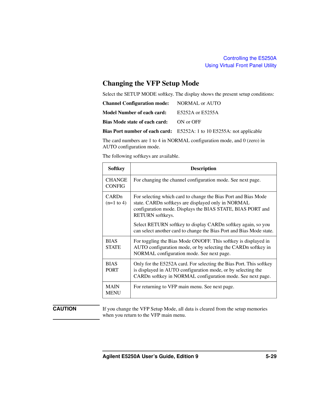 Agilent Technologies Agilent E5250A Changing the VFP Setup Mode, Channel Configuration mode, Model Number of each card 