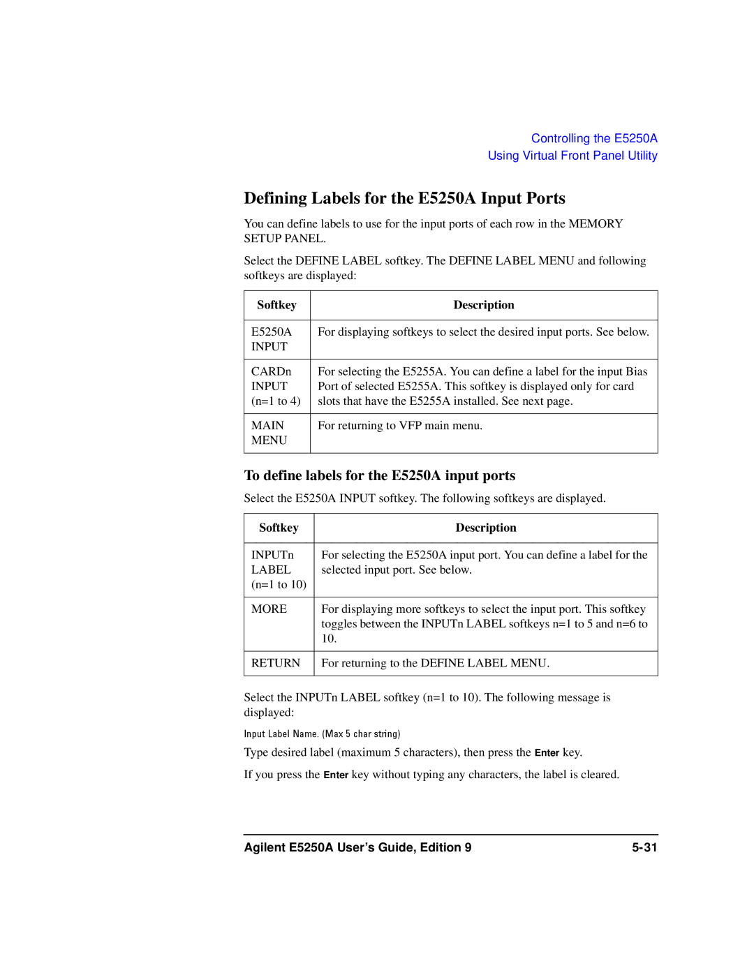 Agilent Technologies Agilent E5250A manual Defining Labels for the E5250A Input Ports 