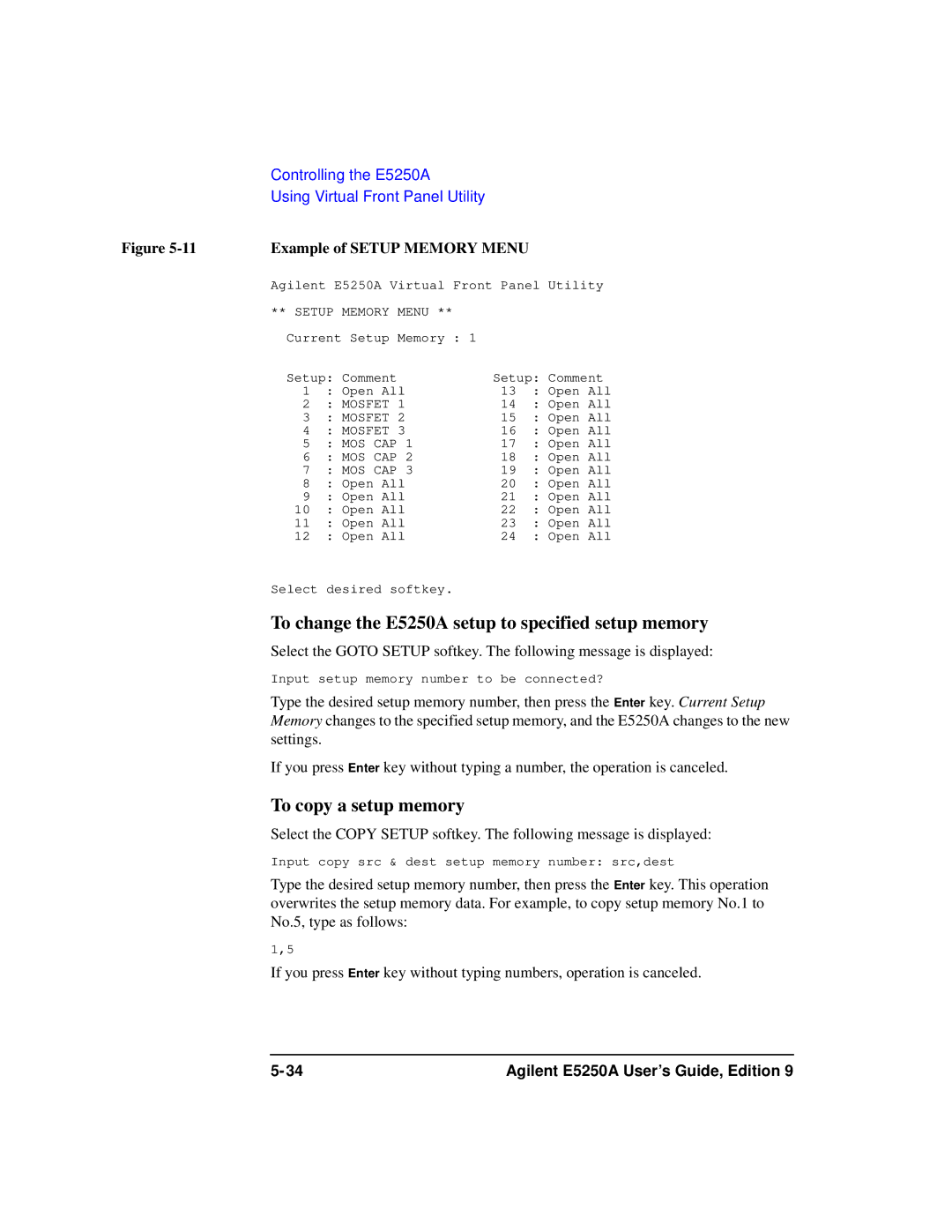 Agilent Technologies Agilent E5250A manual To change the E5250A setup to specified setup memory, To copy a setup memory 