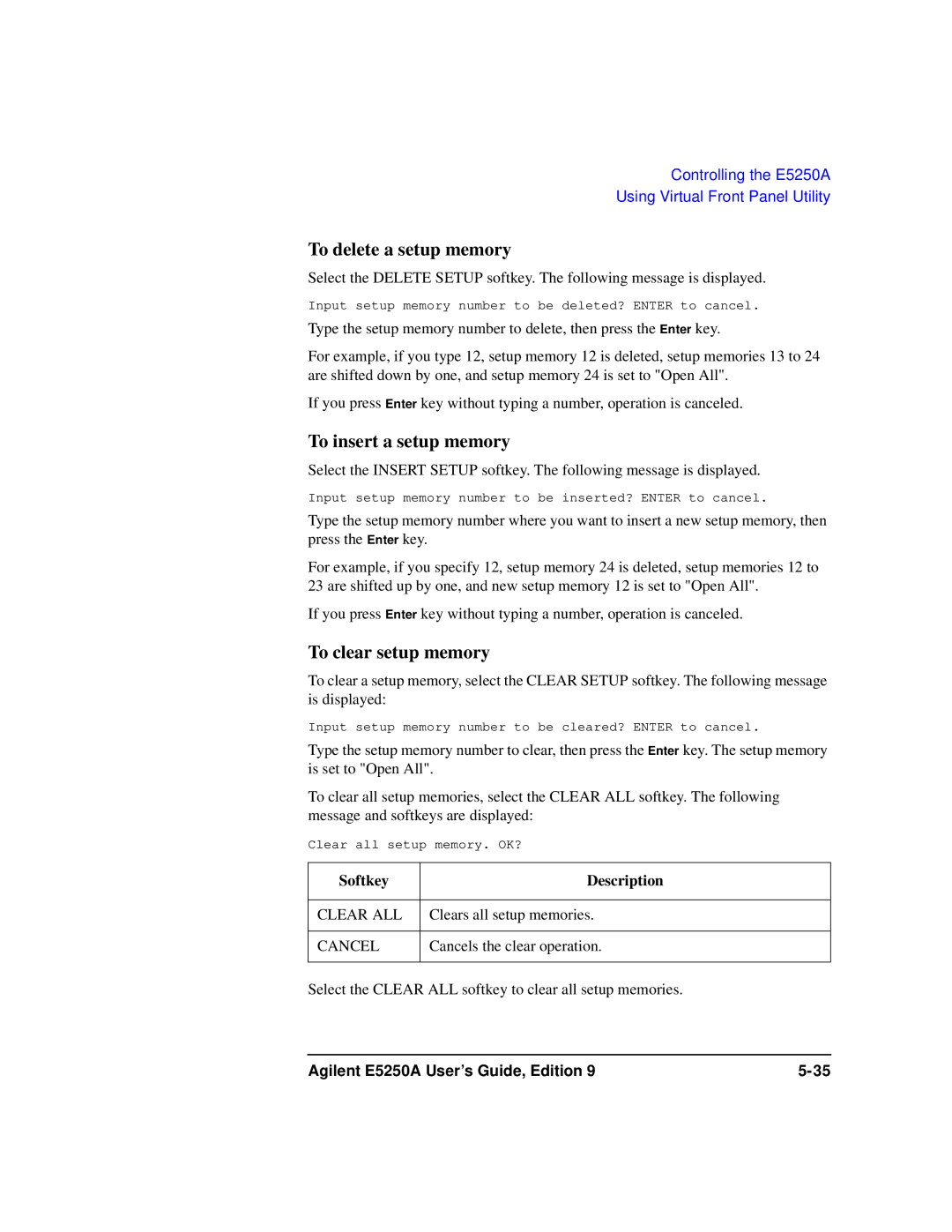 Agilent Technologies Agilent E5250A manual To delete a setup memory, To insert a setup memory, To clear setup memory 