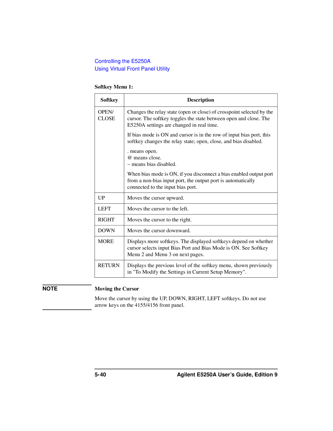 Agilent Technologies Agilent E5250A manual Softkey Menu, Moving the Cursor 