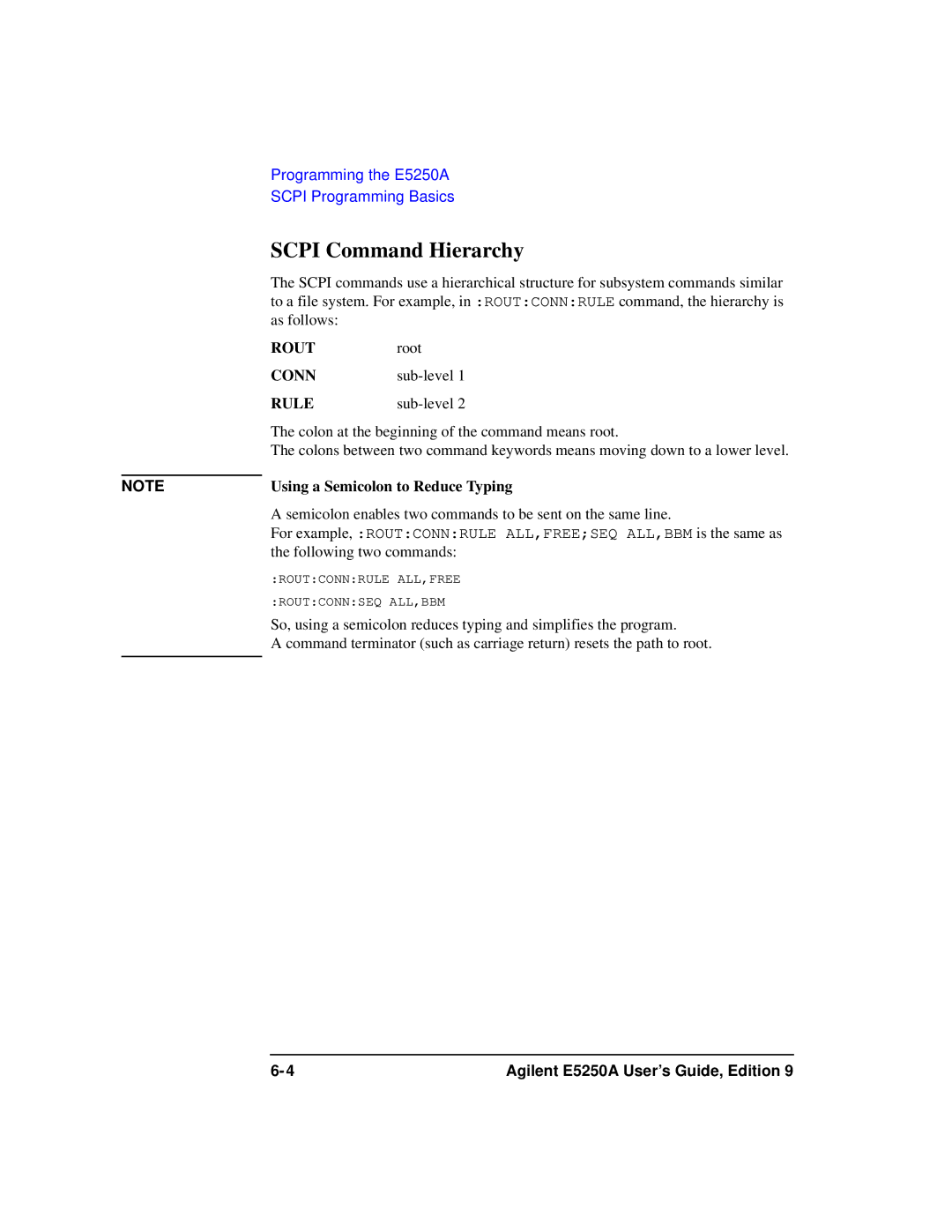 Agilent Technologies Agilent E5250A manual Scpi Command Hierarchy, Using a Semicolon to Reduce Typing 