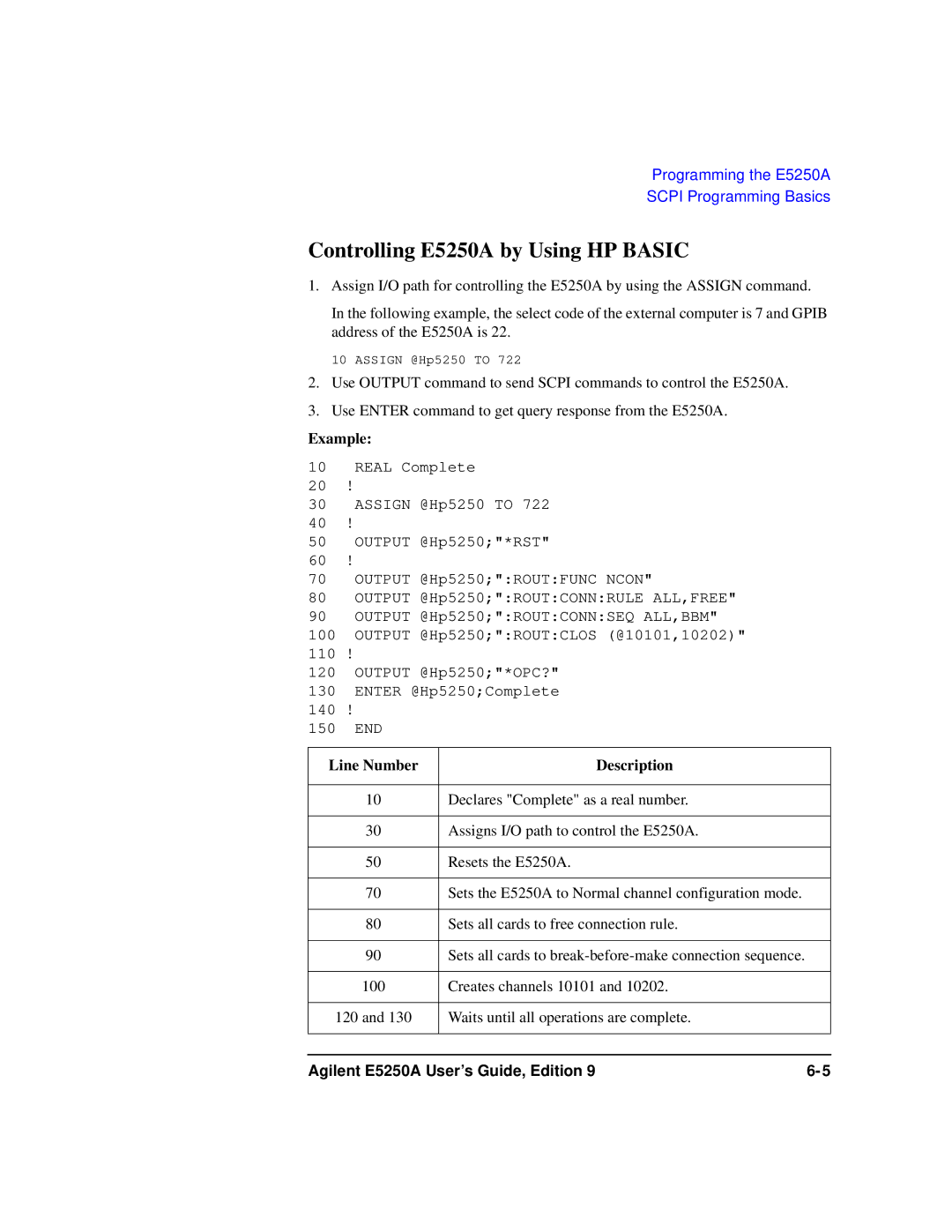 Agilent Technologies Agilent E5250A manual Controlling E5250A by Using HP Basic, Example 