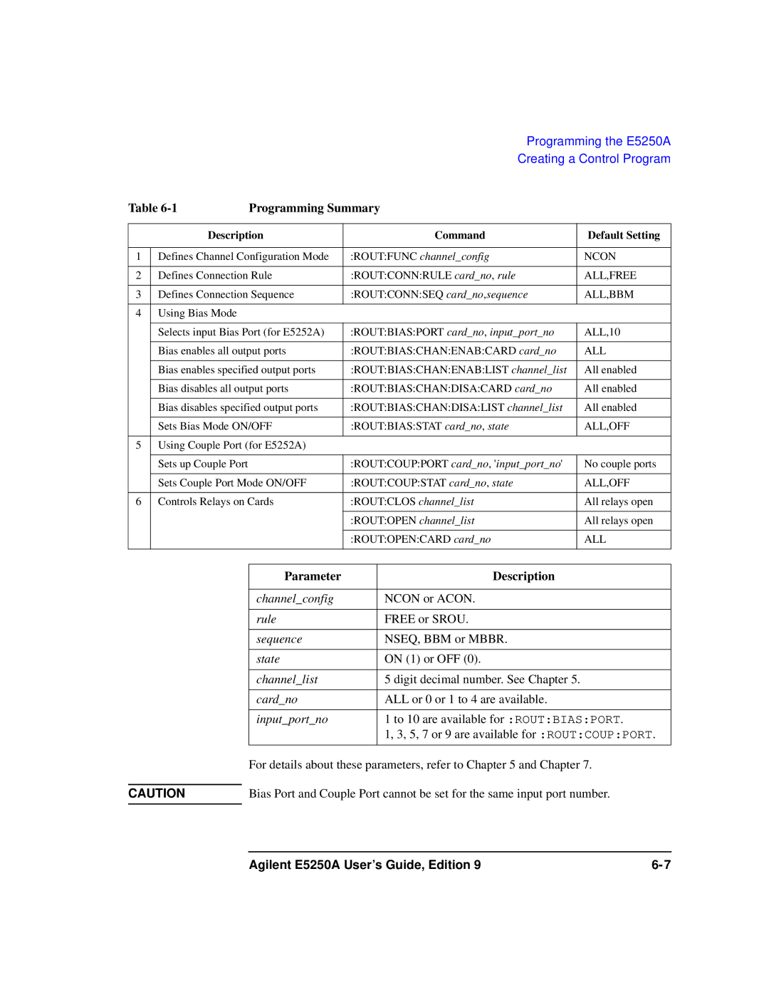 Agilent Technologies Agilent E5250A manual Programming Summary, Description Command Default Setting 