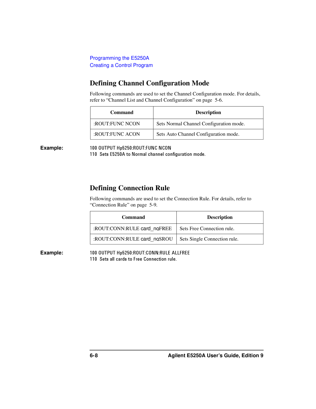 Agilent Technologies Agilent E5250A Defining Channel Configuration Mode, Defining Connection Rule, Command Description 