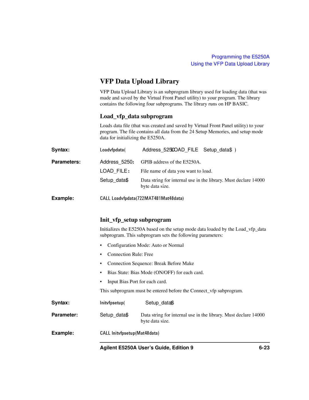 Agilent Technologies Agilent E5250A manual VFP Data Upload Library, Loadvfpdata subprogram, Initvfpsetup subprogram 