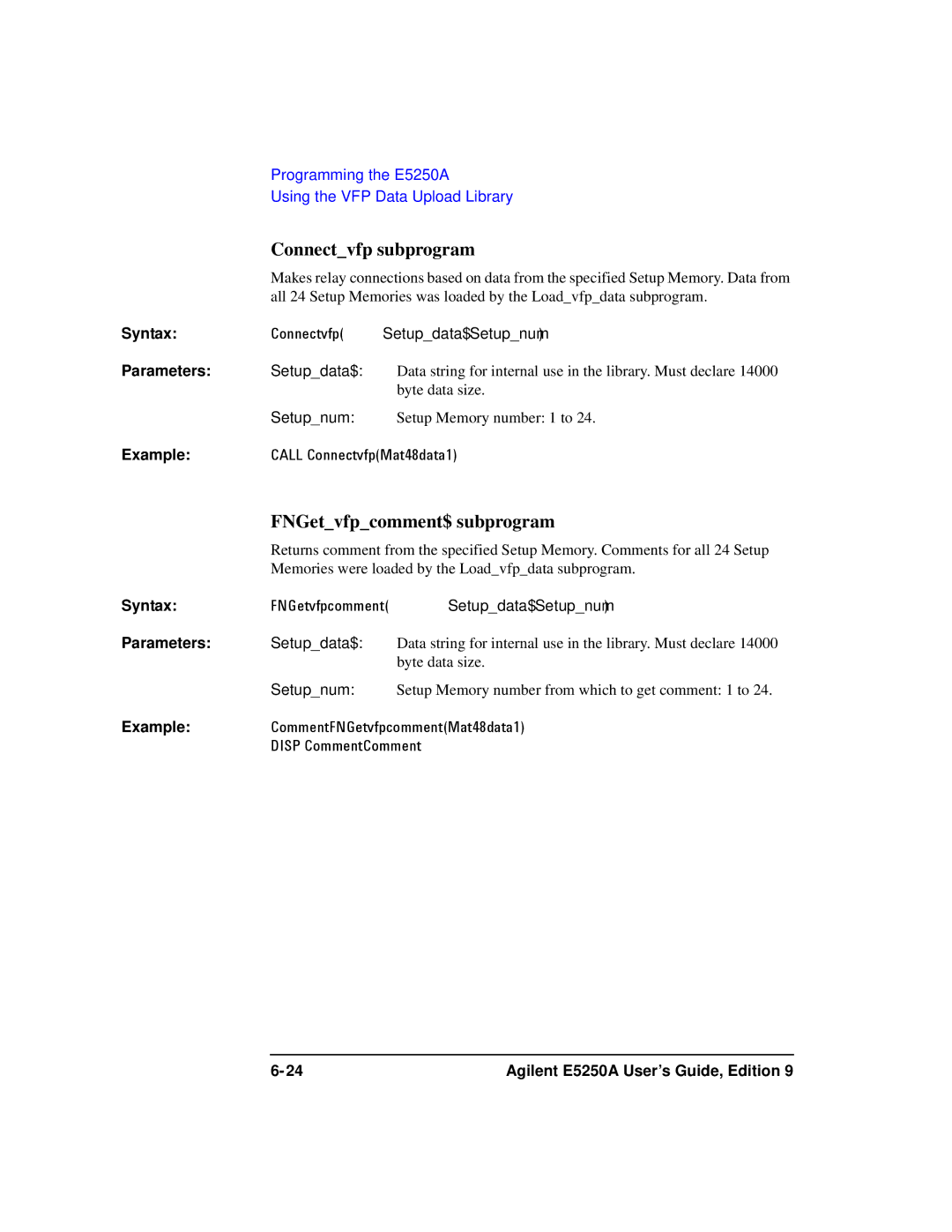 Agilent Technologies Agilent E5250A manual Connectvfp subprogram, FNGetvfpcomment$ subprogram 