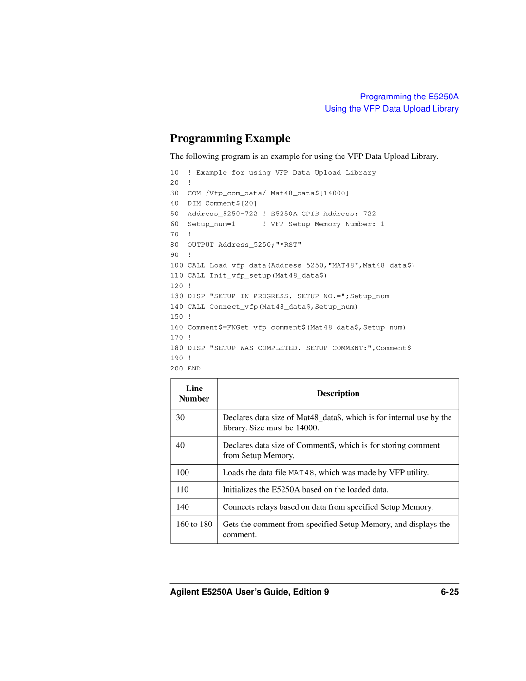 Agilent Technologies Agilent E5250A manual Programming Example, Line Description Number 