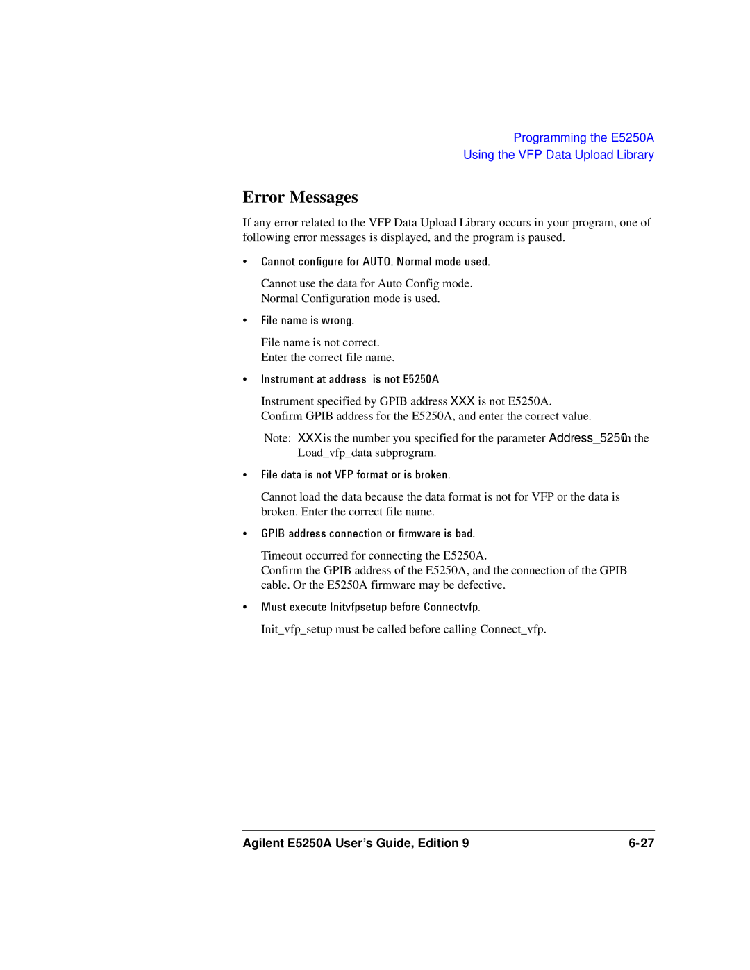 Agilent Technologies Agilent E5250A manual Error Messages 