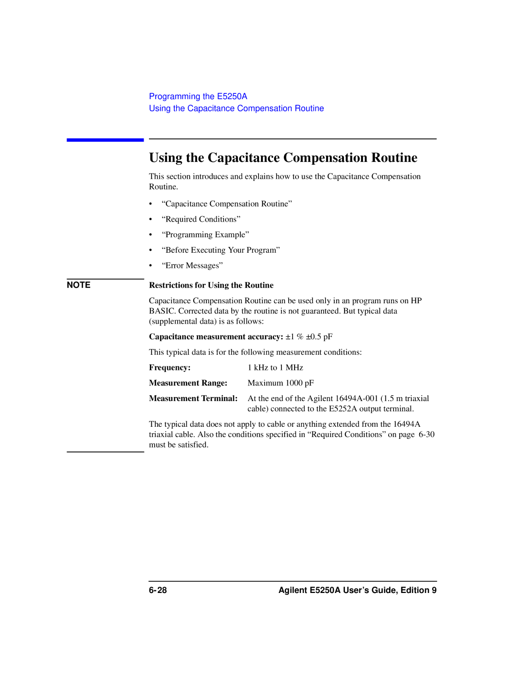 Agilent Technologies Agilent E5250A manual Using the Capacitance Compensation Routine 