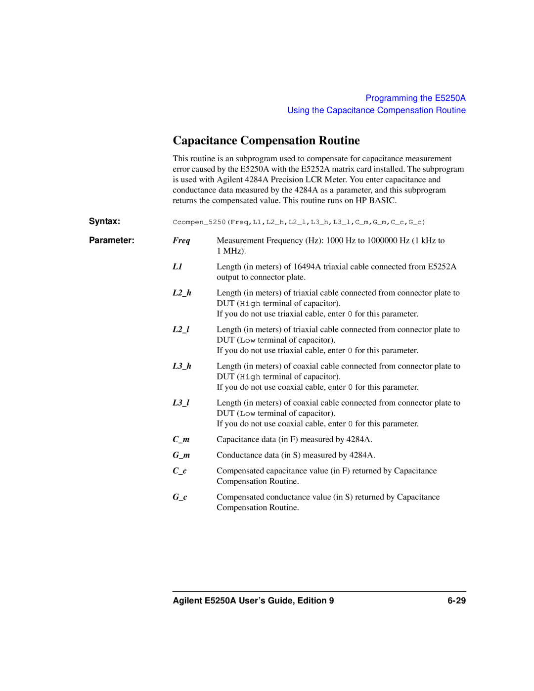 Agilent Technologies Agilent E5250A manual Capacitance Compensation Routine, Freq 