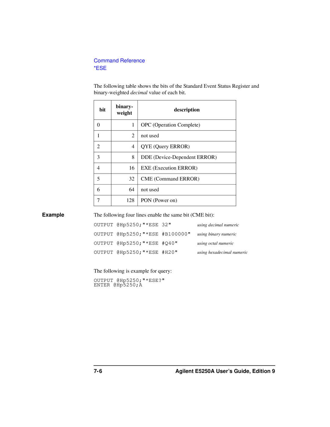 Agilent Technologies Agilent E5250A manual Command Reference *ESE, Bit Binary Description Weight 