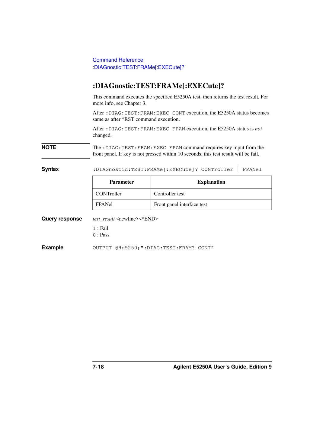 Agilent Technologies Agilent E5250A manual DIAGnosticTESTFRAMeEXECute? 