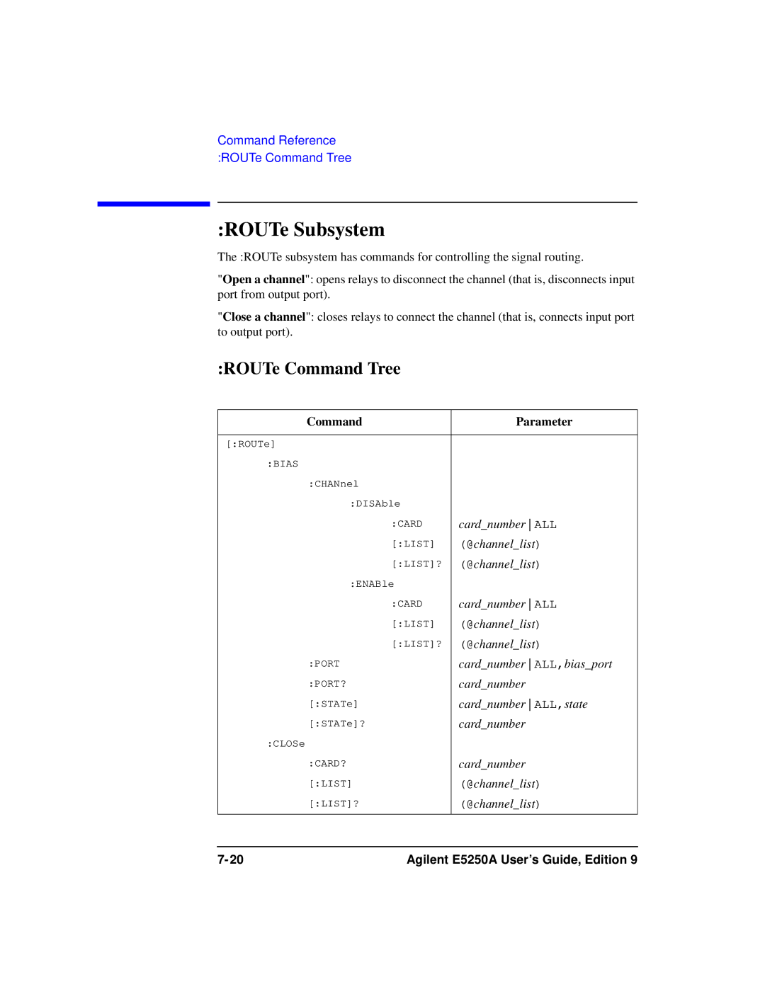 Agilent Technologies Agilent E5250A manual ROUTe Subsystem, ROUTe Command Tree 