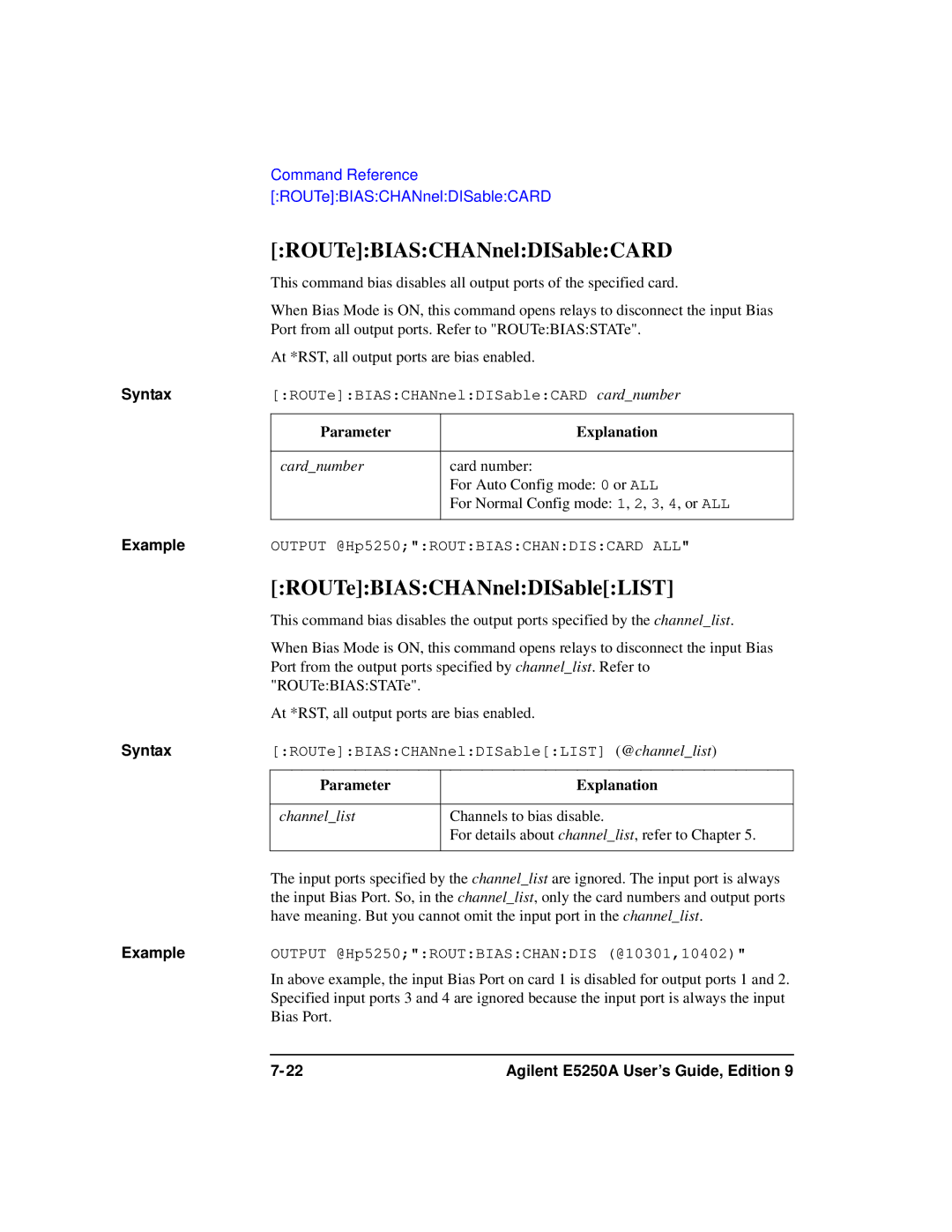 Agilent Technologies Agilent E5250A manual ROUTeBIASCHANnelDISableCARD, ROUTeBIASCHANnelDISableLIST 