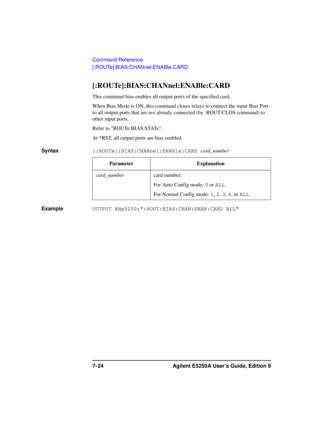 Agilent Technologies Agilent E5250A manual ROUTeBIASCHANnelENABleCARD 