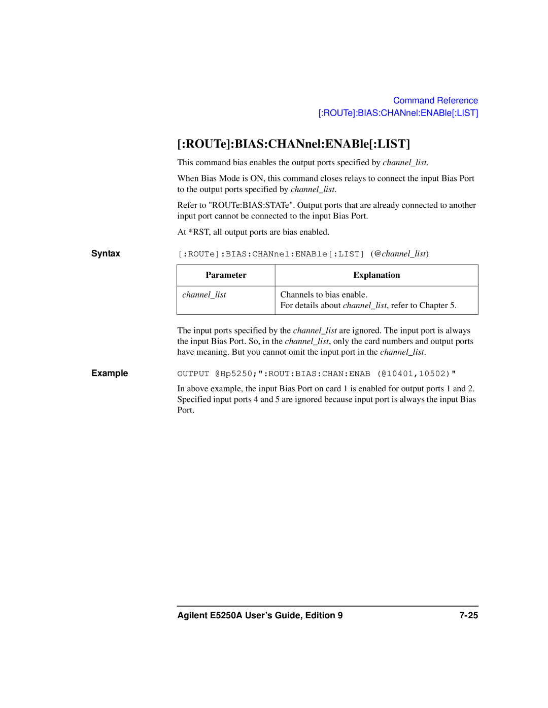 Agilent Technologies Agilent E5250A manual ROUTeBIASCHANnelENABleLIST 