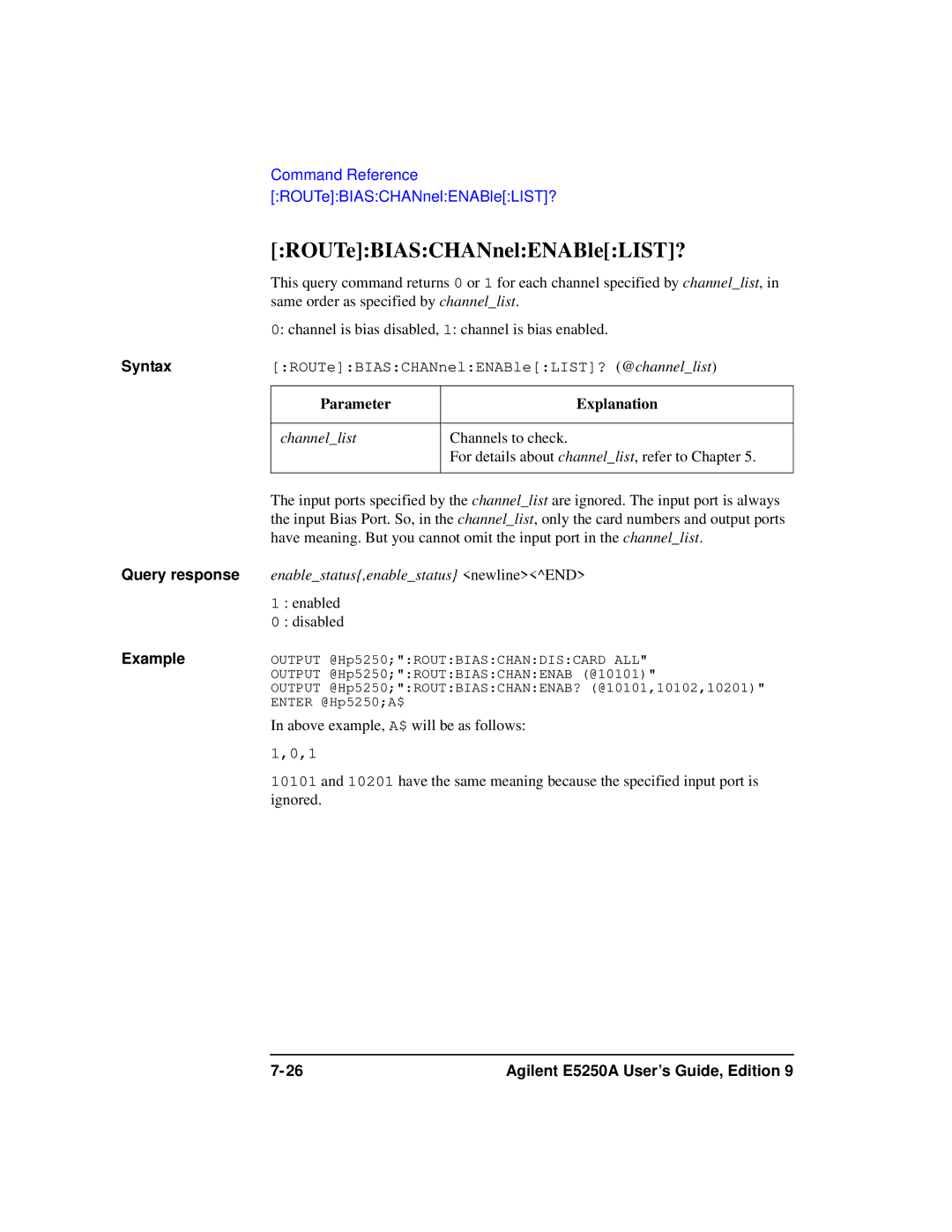 Agilent Technologies Agilent E5250A manual ROUTeBIASCHANnelENABleLIST? 