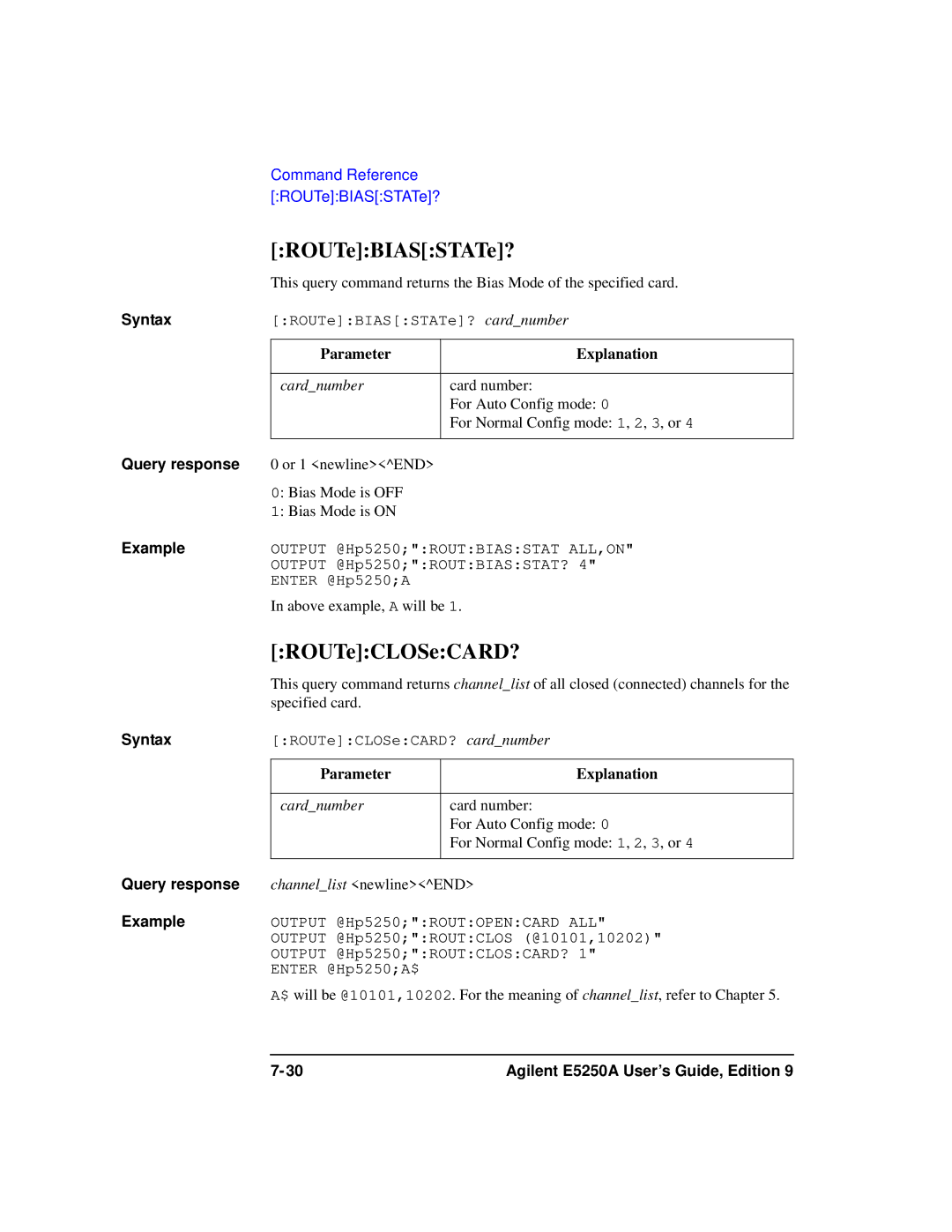 Agilent Technologies Agilent E5250A manual ROUTeBIASSTATe?, ROUTeCLOSeCARD? 