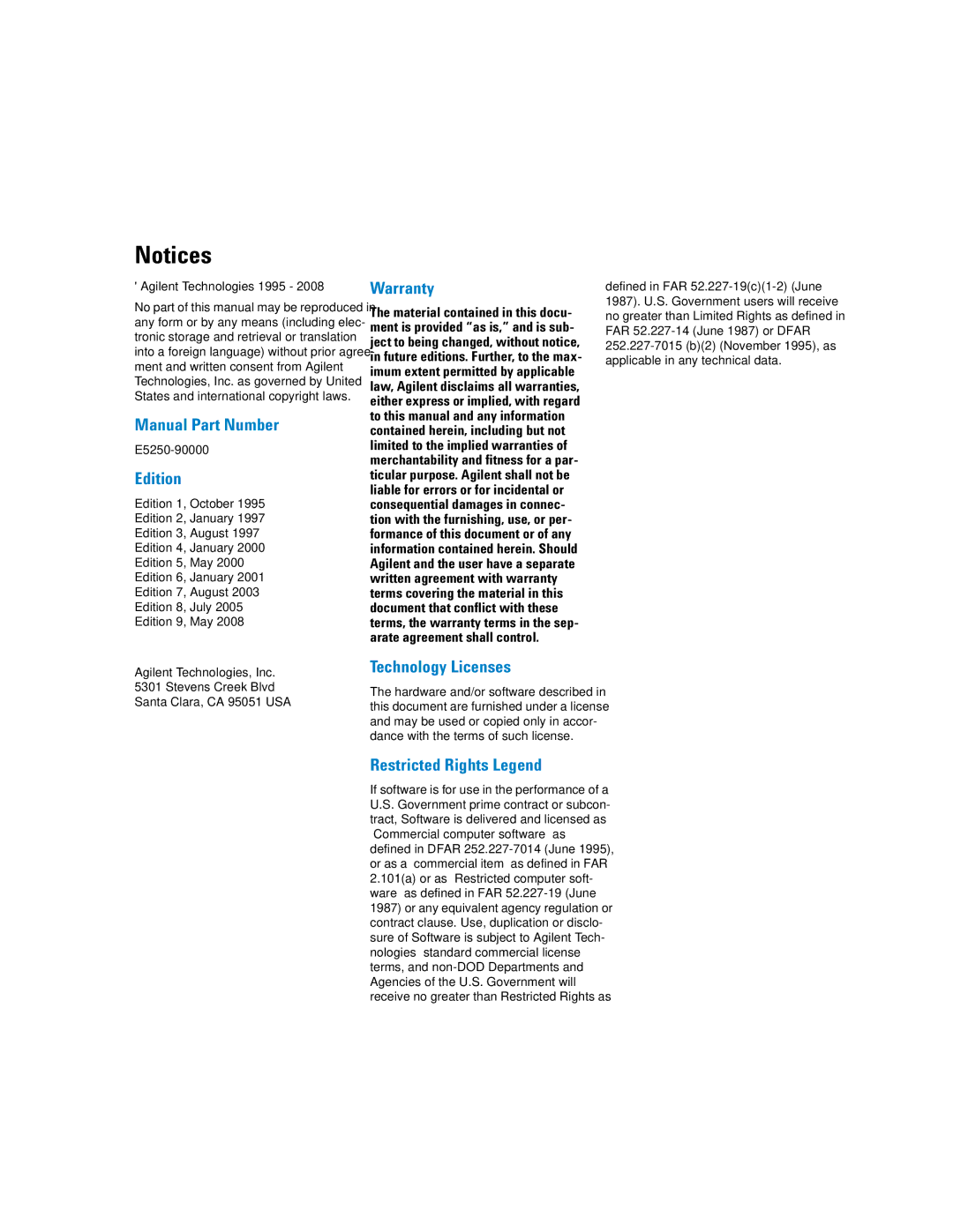 Agilent Technologies Agilent E5250A manual Manual Part Number 