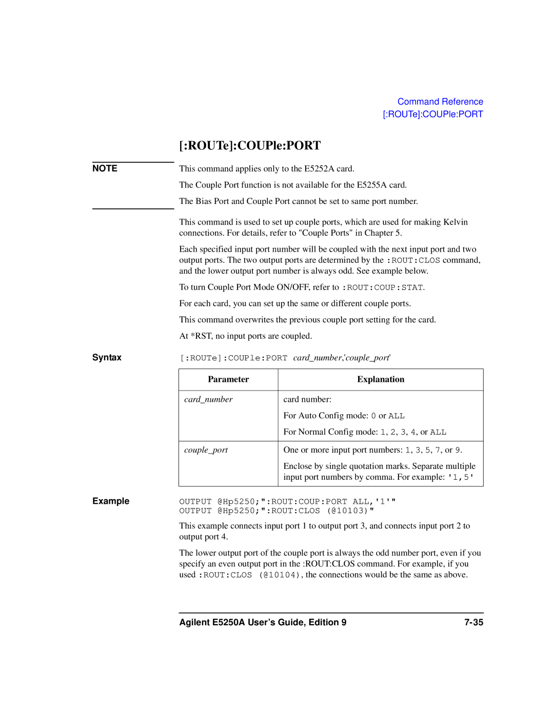 Agilent Technologies Agilent E5250A manual ROUTeCOUPlePORT, Coupleport 