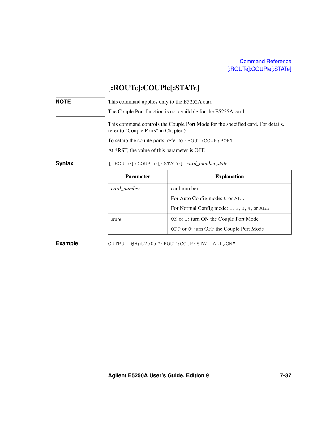 Agilent Technologies Agilent E5250A manual ROUTeCOUPleSTATe 