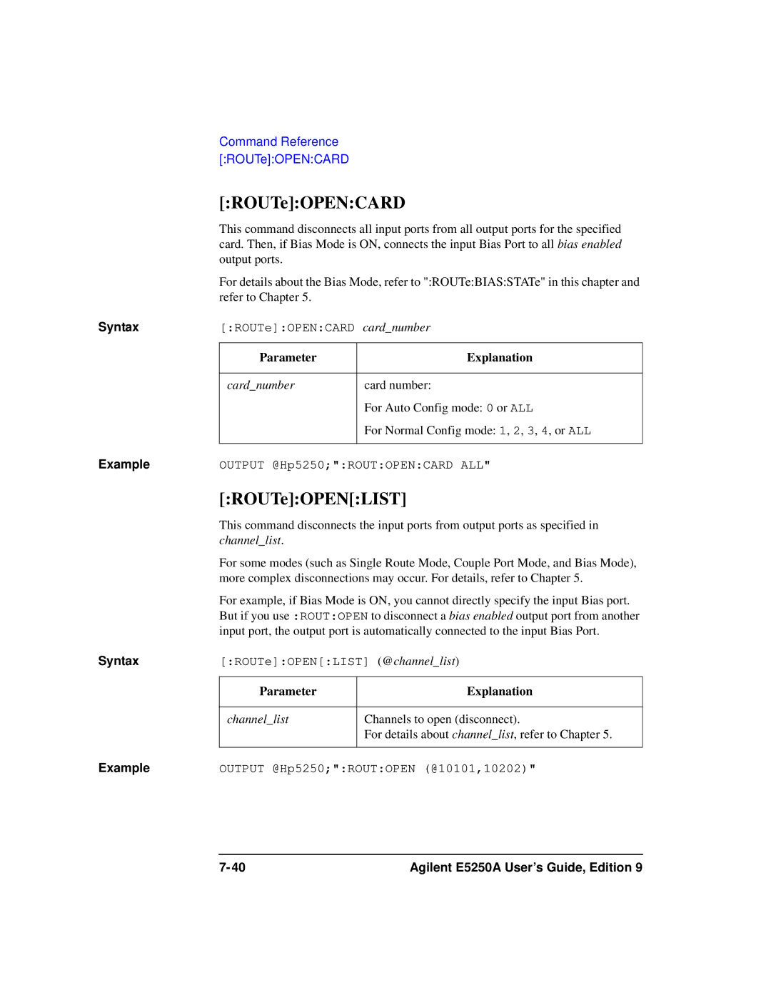 Agilent Technologies Agilent E5250A manual ROUTeOPENCARD, ROUTeOPENLIST 