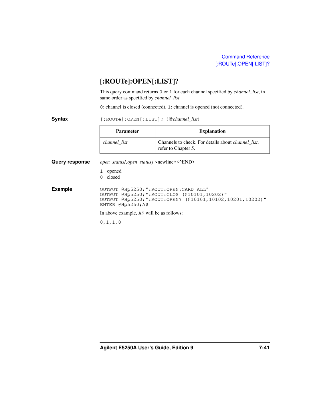 Agilent Technologies Agilent E5250A manual ROUTeOPENLIST?, Parameter Explanation 