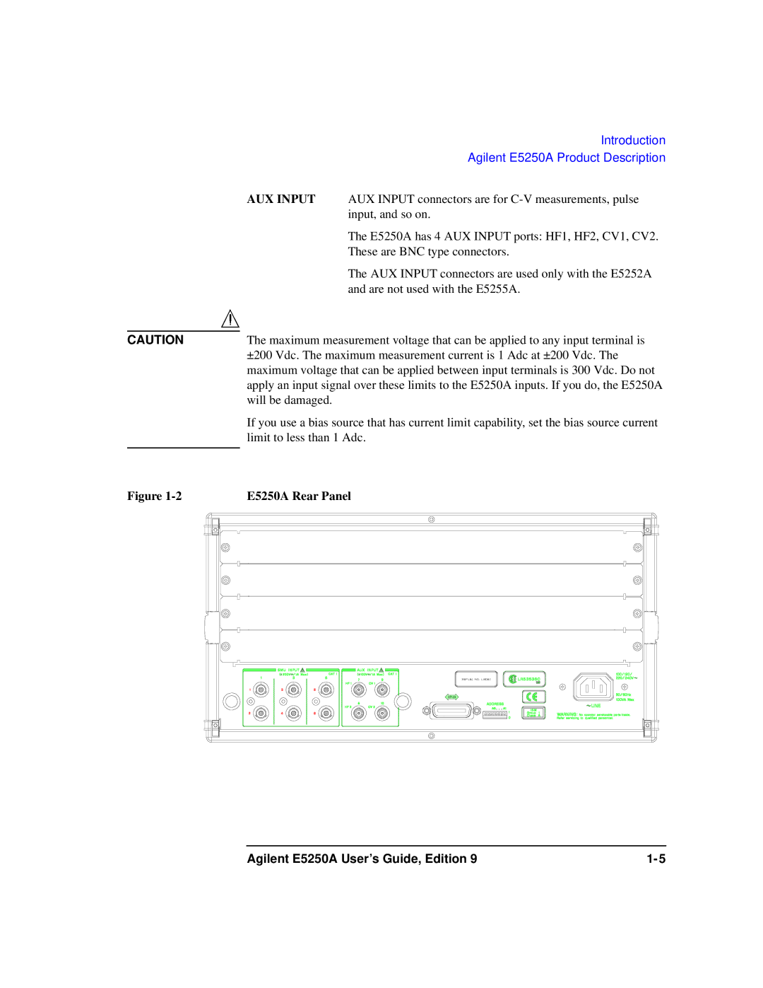 Agilent Technologies Agilent E5250A manual AUX Input, E5250A Rear Panel 