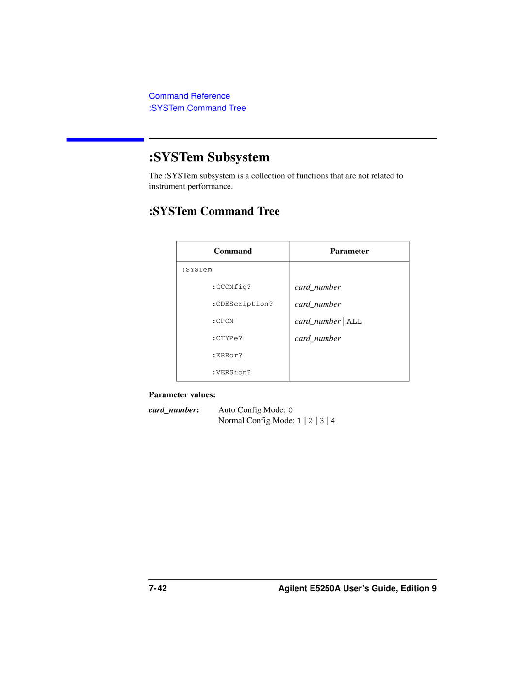 Agilent Technologies Agilent E5250A manual SYSTem Subsystem, SYSTem Command Tree 