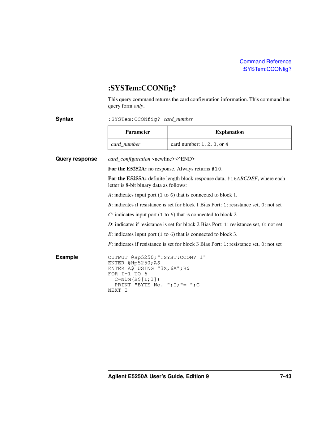 Agilent Technologies Agilent E5250A manual SYSTemCCONfig?, Cardconfiguration newlineEND 