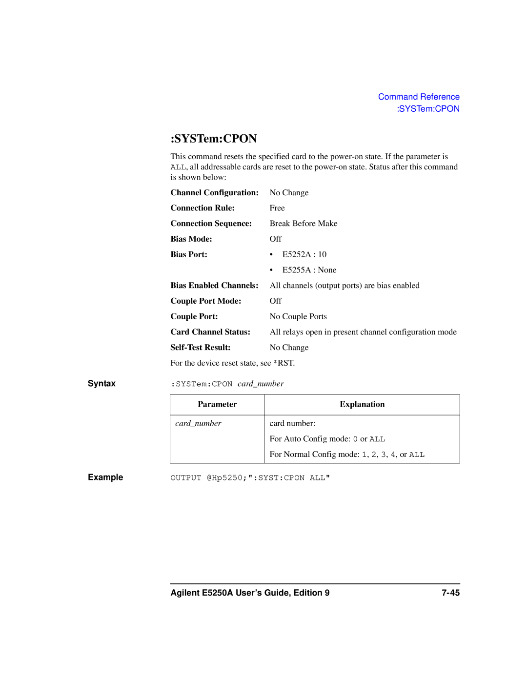 Agilent Technologies Agilent E5250A manual SYSTemCPON, Channel Configuration 