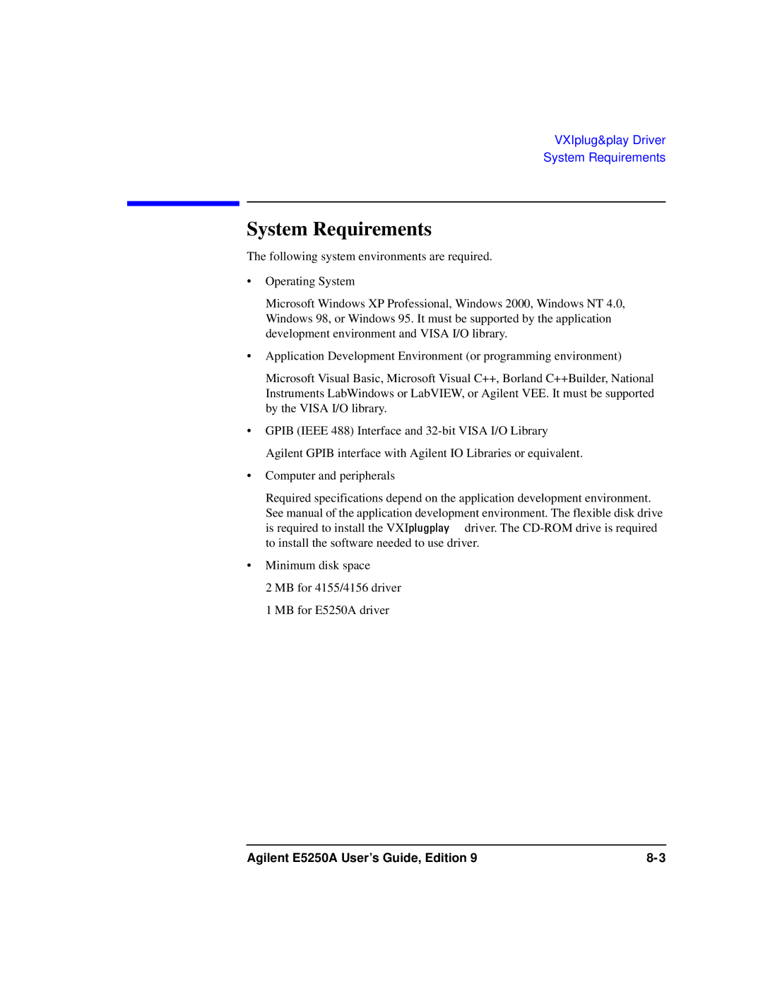 Agilent Technologies Agilent E5250A manual System Requirements 