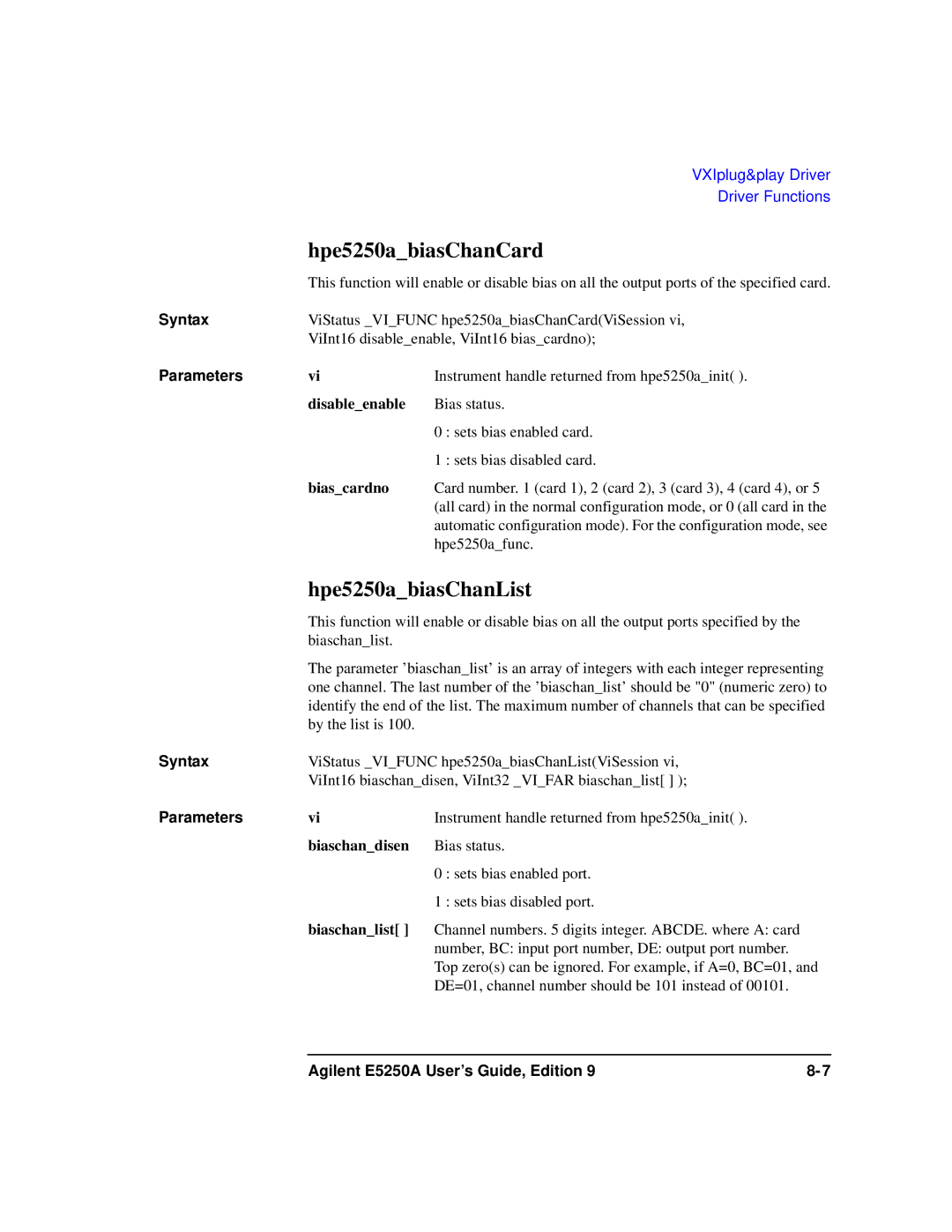 Agilent Technologies Agilent E5250A manual Hpe5250abiasChanCard, Hpe5250abiasChanList 