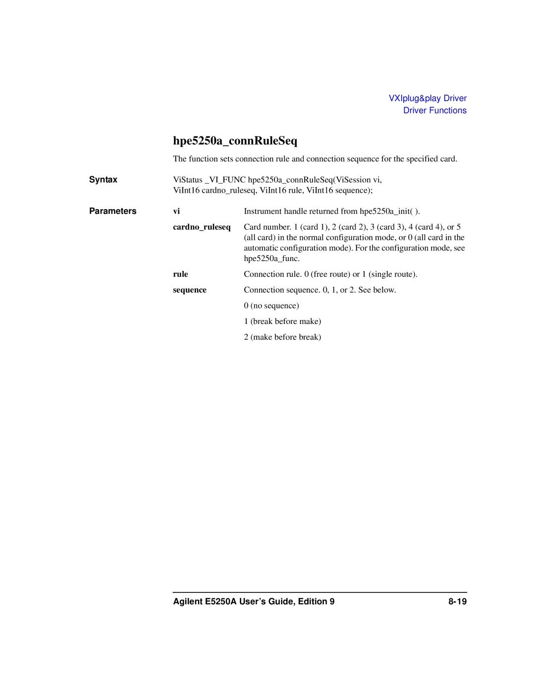 Agilent Technologies Agilent E5250A manual Hpe5250aconnRuleSeq, Cardnoruleseq, Sequence 