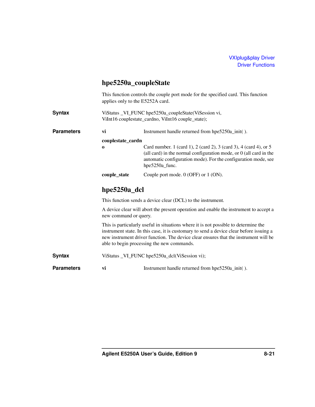 Agilent Technologies Agilent E5250A manual Hpe5250acoupleState, Hpe5250adcl, Couplestatecardn 