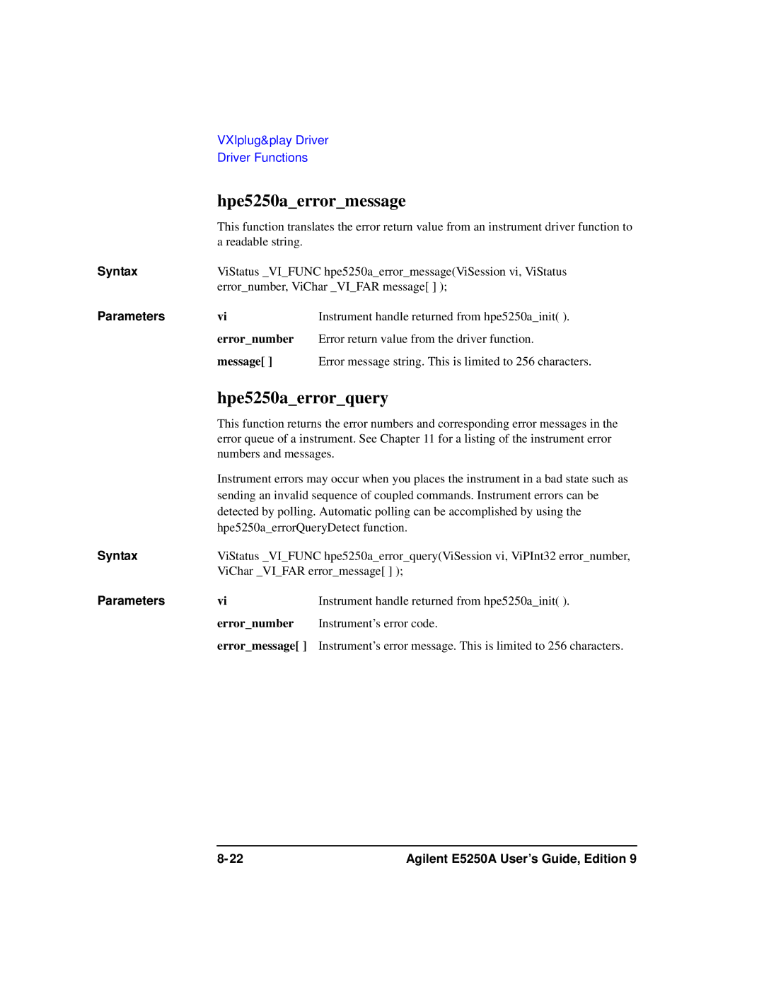 Agilent Technologies Agilent E5250A manual Hpe5250aerrormessage, Hpe5250aerrorquery, Errornumber, Message 