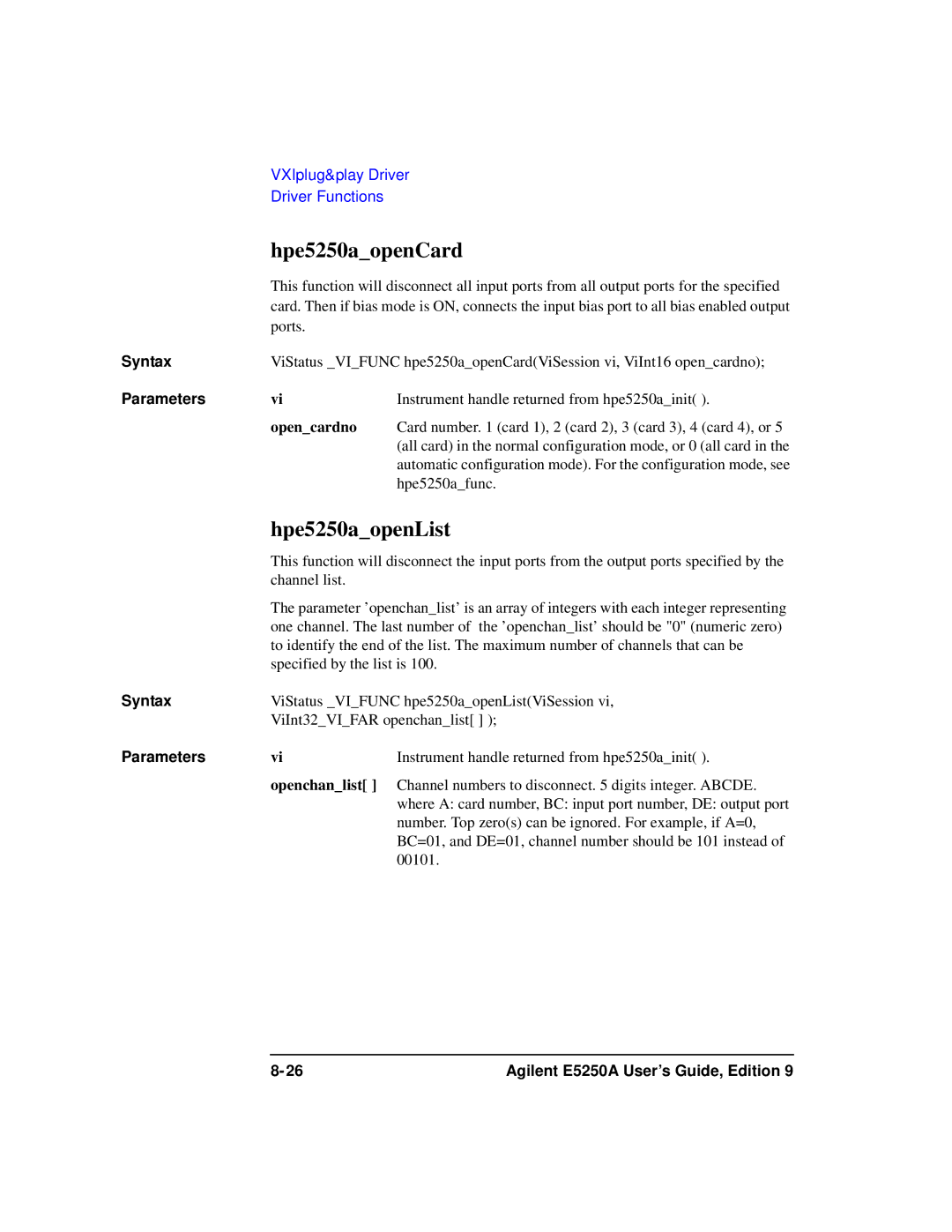 Agilent Technologies Agilent E5250A manual Hpe5250aopenCard, Hpe5250aopenList, Opencardno 