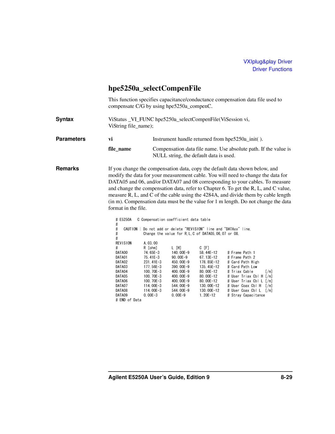 Agilent Technologies Agilent E5250A manual Hpe5250aselectCompenFile, Filename 