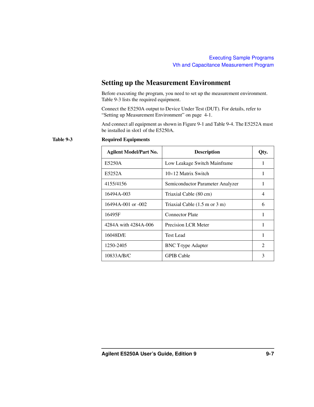 Agilent Technologies Agilent E5250A manual Setting up the Measurement Environment 