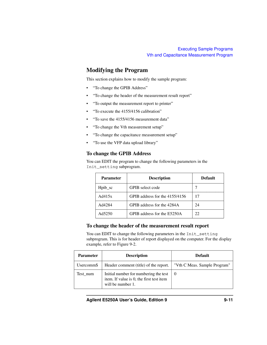 Agilent Technologies Agilent E5250A manual Modifying the Program, To change the Gpib Address, Parameter Description Default 