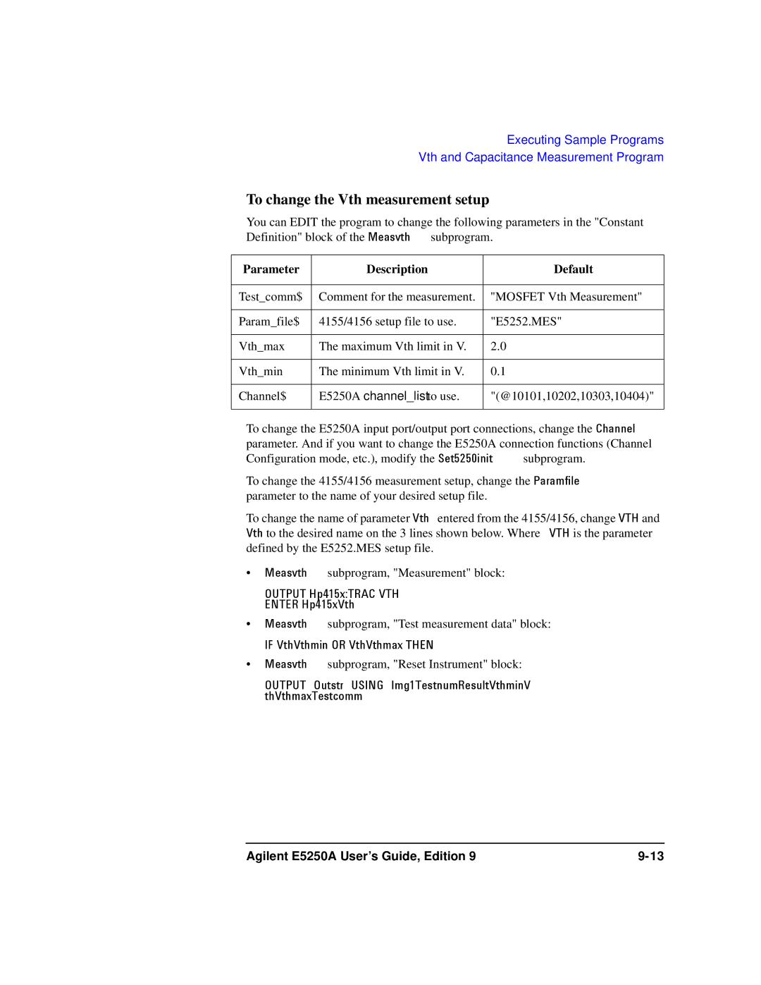 Agilent Technologies Agilent E5250A manual To change the Vth measurement setup 