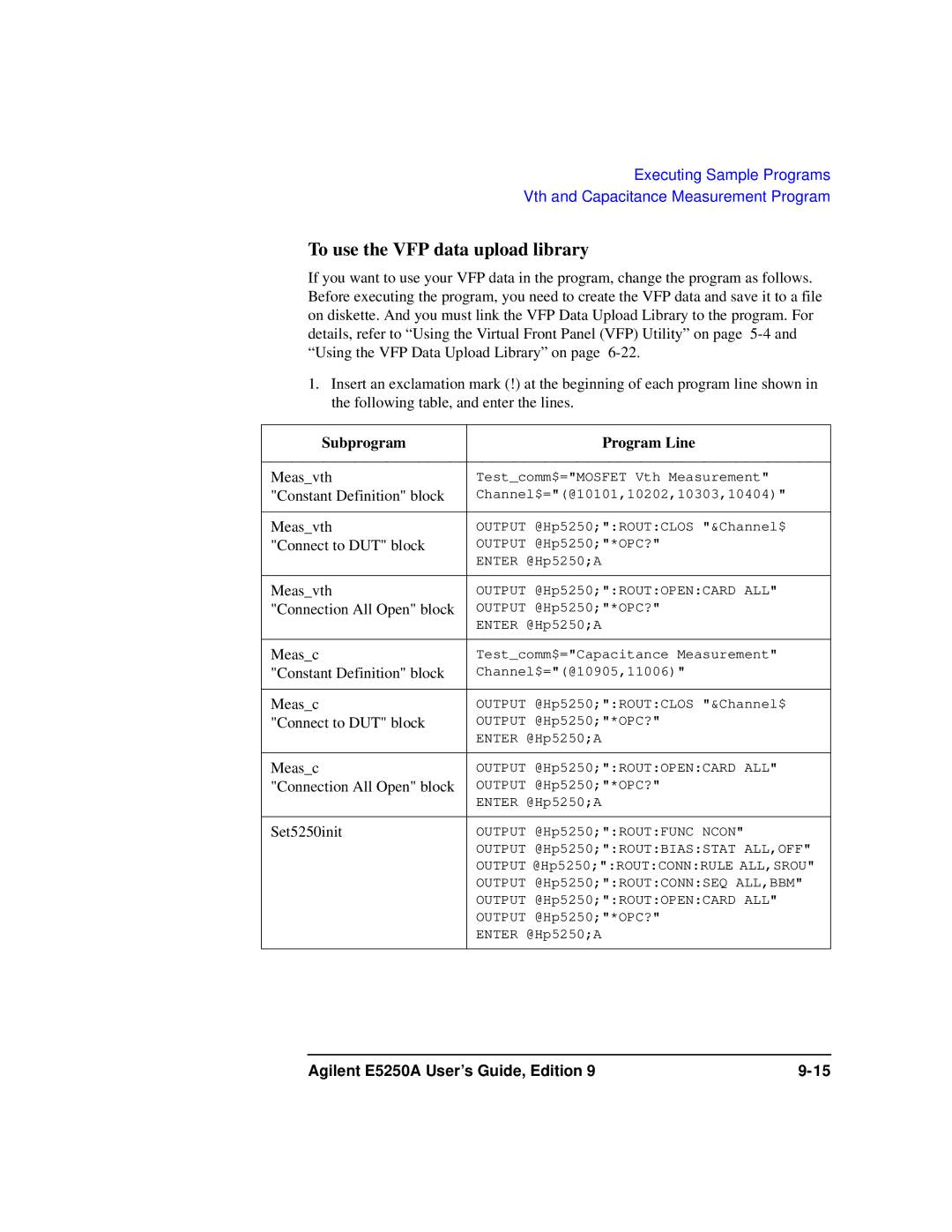 Agilent Technologies Agilent E5250A manual To use the VFP data upload library, Subprogram Program Line 