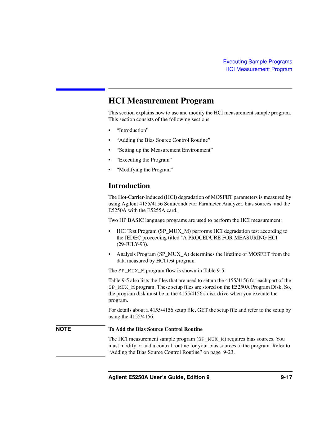 Agilent Technologies Agilent E5250A manual HCI Measurement Program, To Add the Bias Source Control Routine 