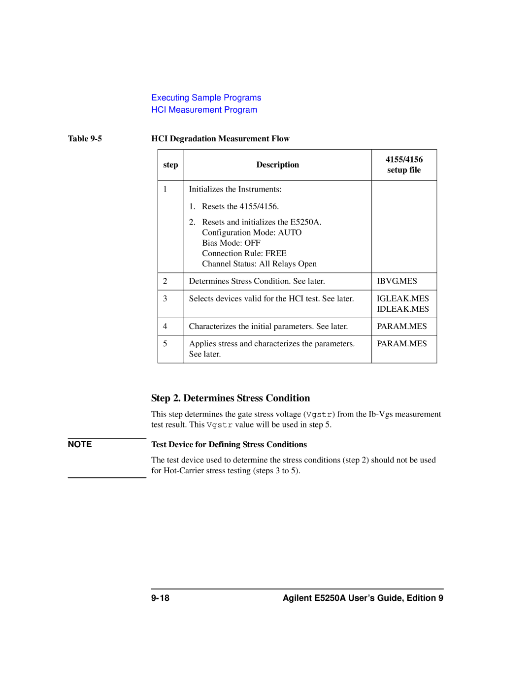 Agilent Technologies Agilent E5250A manual Determines Stress Condition, Test Device for Defining Stress Conditions 
