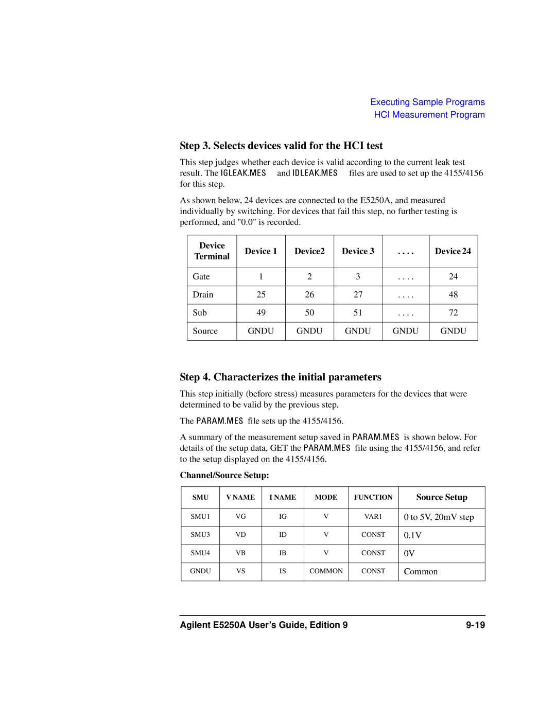 Agilent Technologies Agilent E5250A manual Selects devices valid for the HCI test, Characterizes the initial parameters 