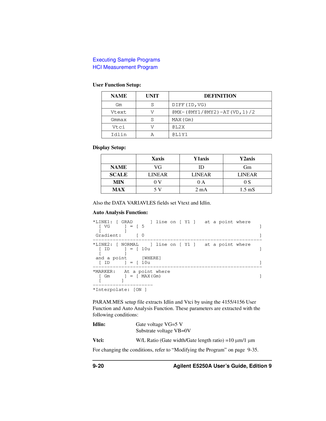 Agilent Technologies Agilent E5250A manual User Function Setup, Auto Analysis Function 