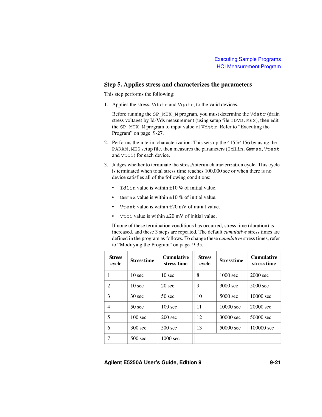 Agilent Technologies Agilent E5250A Applies stress and characterizes the parameters, Stress Stress time Cumulative Cycle 